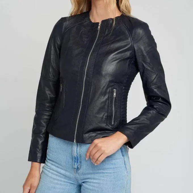 Classic Crew Neck Black Leather Jacket