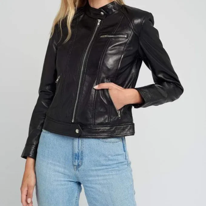 Womens Cafe Racer Black Leather Jacket