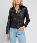 Womens Black Shearling Fur Collared Biker Leather Jacket