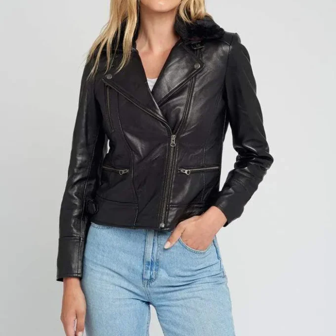 Womens Black Shearling Fur Collared Biker Leather Jacket