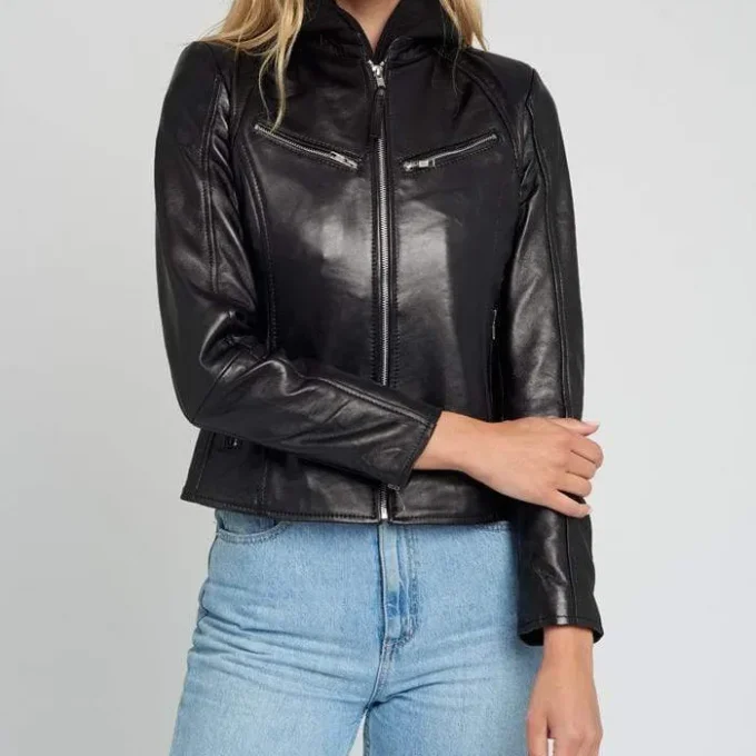 Womens Callie Black Hooded Leather Jacket