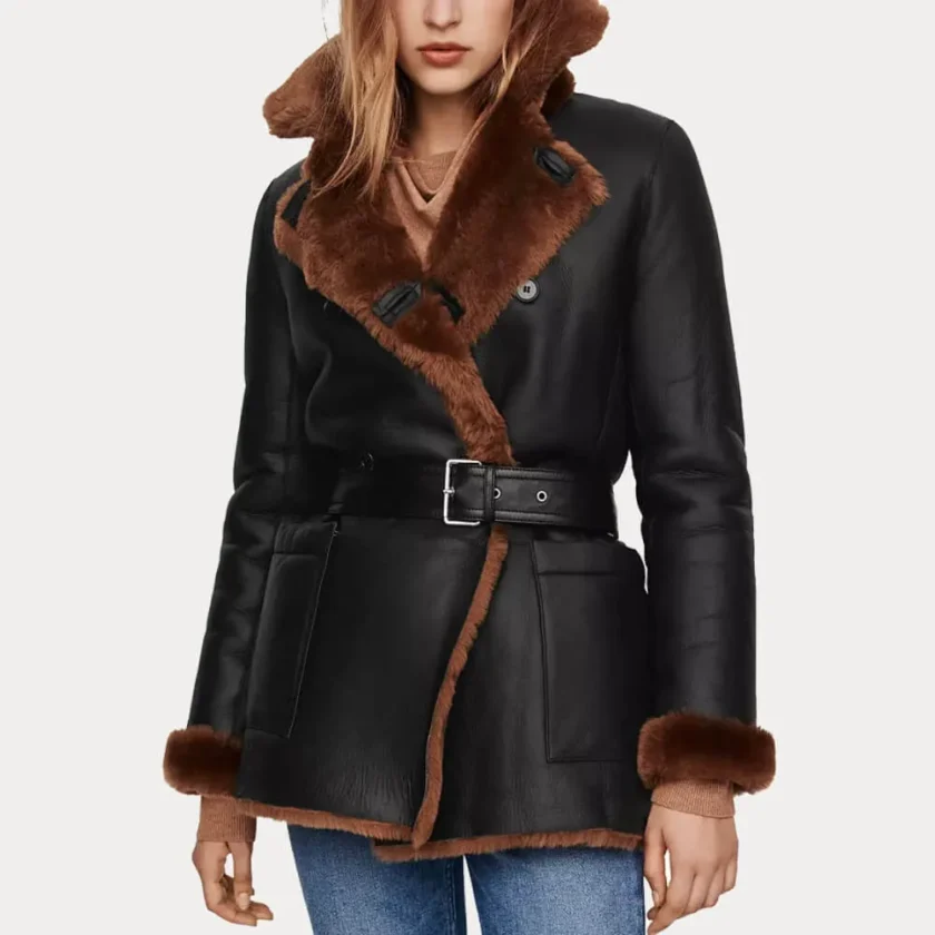 Womens Black Leather Fur Shearling Coat