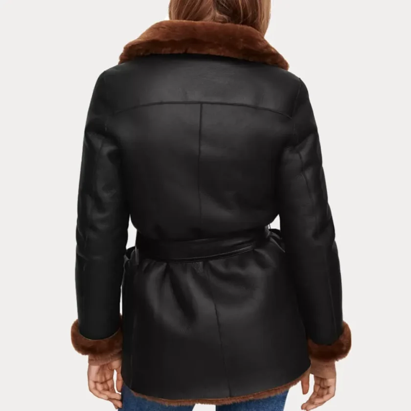 Womens Black Leather Fur Shearling Coat