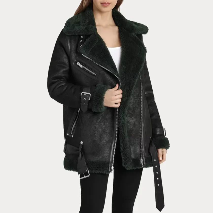 Womens Oversized Faux Black Shearling Moto Jacket