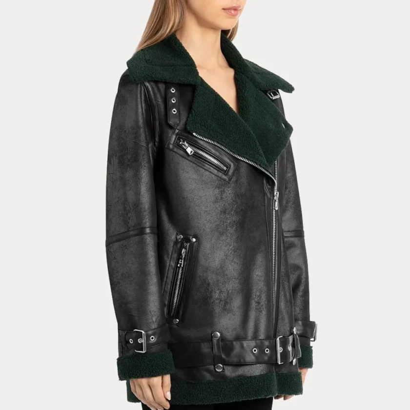 Womens Oversized Faux Black Shearling Moto Jacket