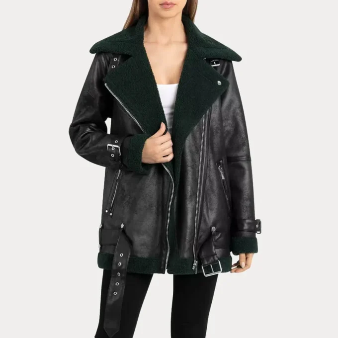 Womens Oversized Faux Black Shearling Moto Jacket