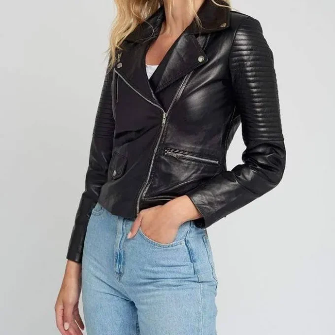 Ella Quilted Hands Black Biker Leather Jacket