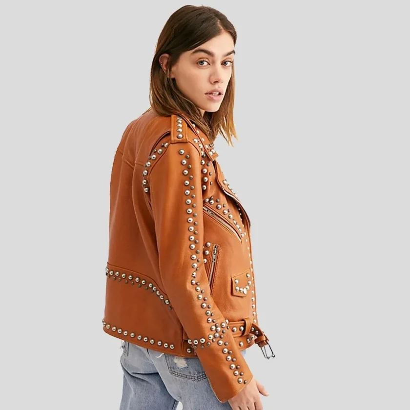 Women’s Studded Tan Leather Biker Jacket