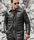 Boston Mens Black Real Leather Puffer Coat with Fur Collar