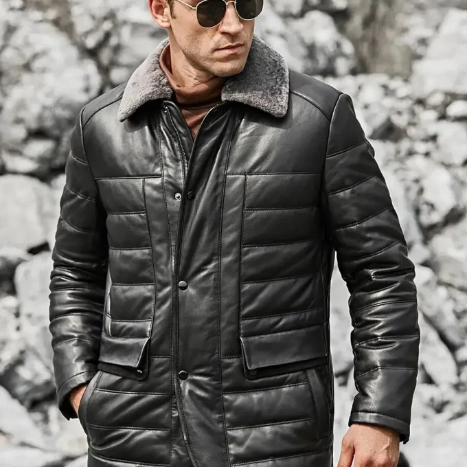 Boston Mens Black Real Leather Puffer Coat with Fur Collar