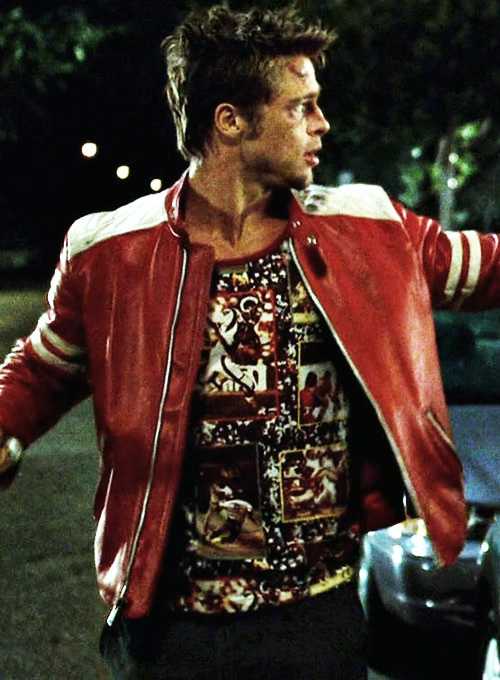 brad pitts tyler durden fight club mayhem red white leather jacket