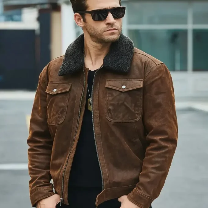 Chris Men's Real Brown Leather Jacket Removable Fur Collar