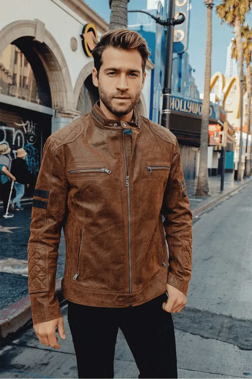 Denver Men's Brown Bomber Leather Jacket Aviator with Removable Collar