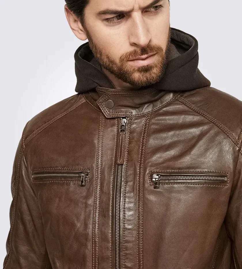 Eric Dark Brown Hooded Motorcycle Leather Jacket