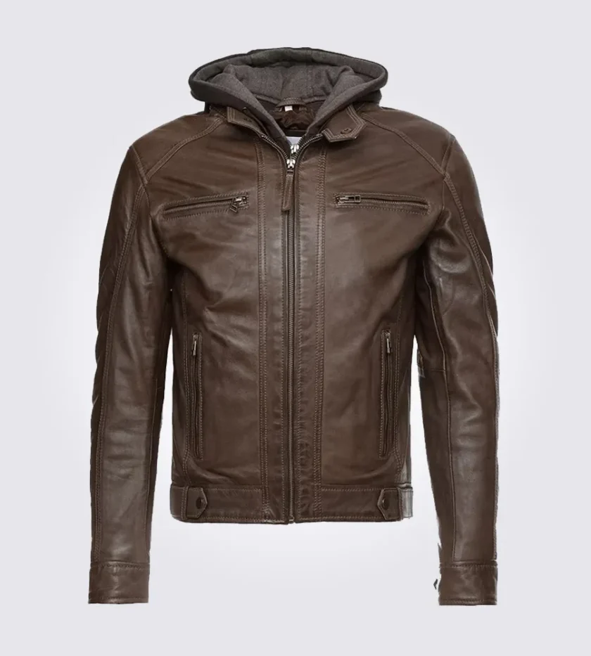 Eric Dark Brown Hooded Motorcycle Leather Jacket