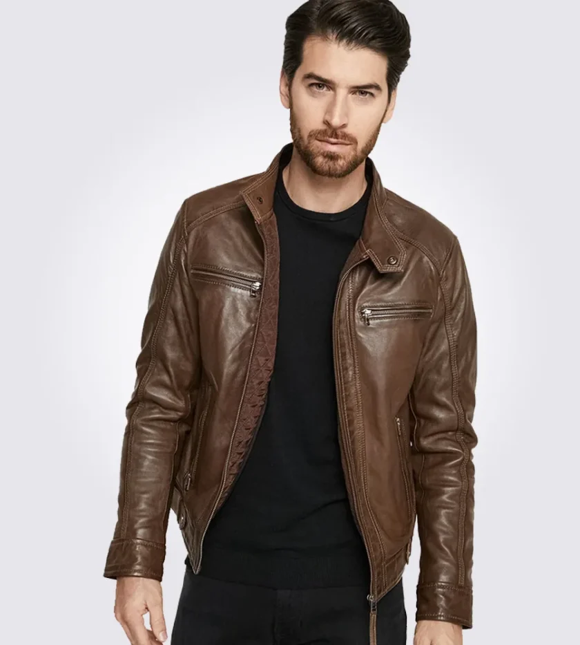 Eric Dark Brown Hooded Motorcycle Leather Jacket