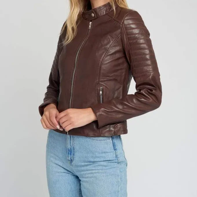 Hayley Brown Quilted Cafe Racer Leather Jacket