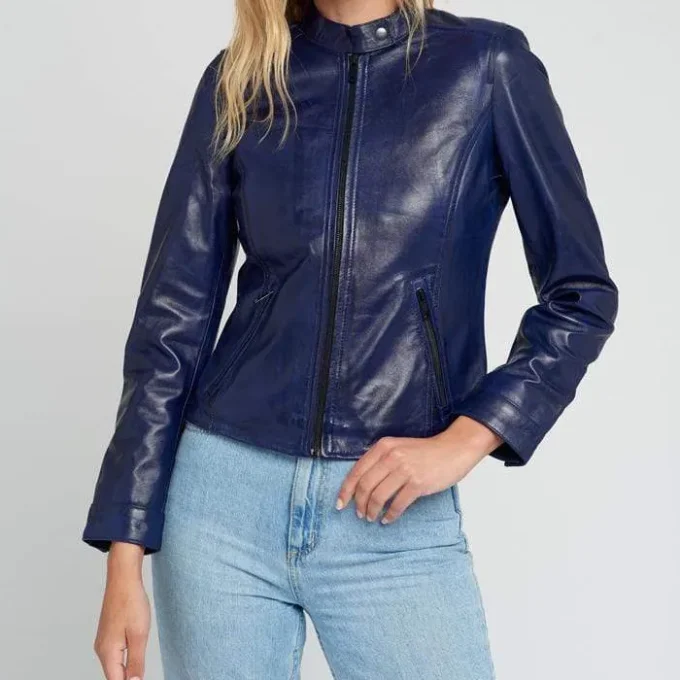 Jessy Blue Cafe Race Stand Collar Leather Jacket