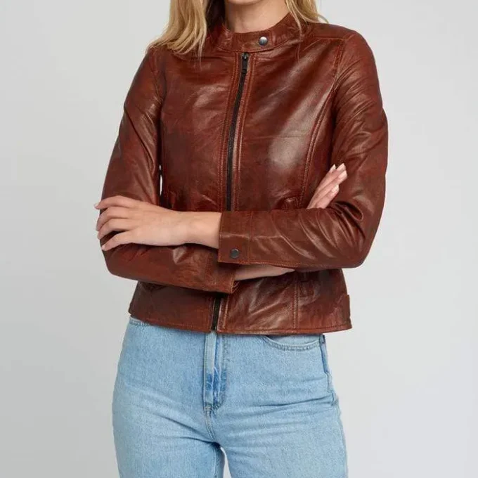 Jessy Brown Cafe Race Stand Collar Leather Jacket