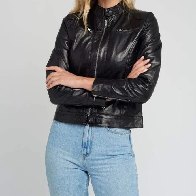 Kathy Black Cafe Racer Leather Jacket