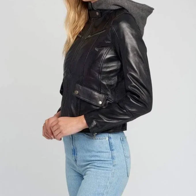 Kendra Hooded Black Cafe Racer Leather Jacket