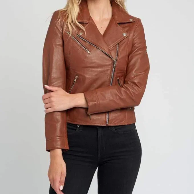 Liza Brown Notch Collar Leather Jacket