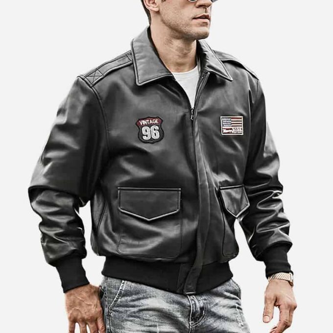 mens black bomber leather jacket air force pilot style