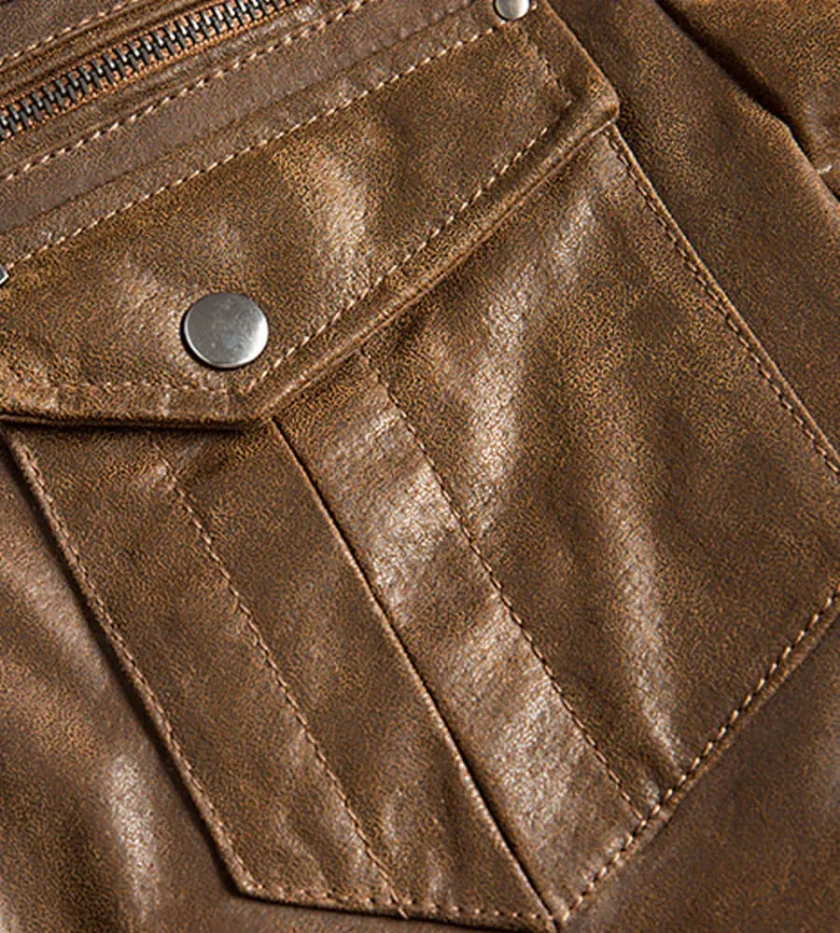 Men's Brown Bomber Leather Jacket with Rib Collar