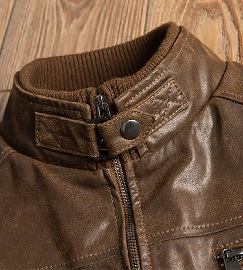 Men's Brown Bomber Leather Jacket with Rib Collar