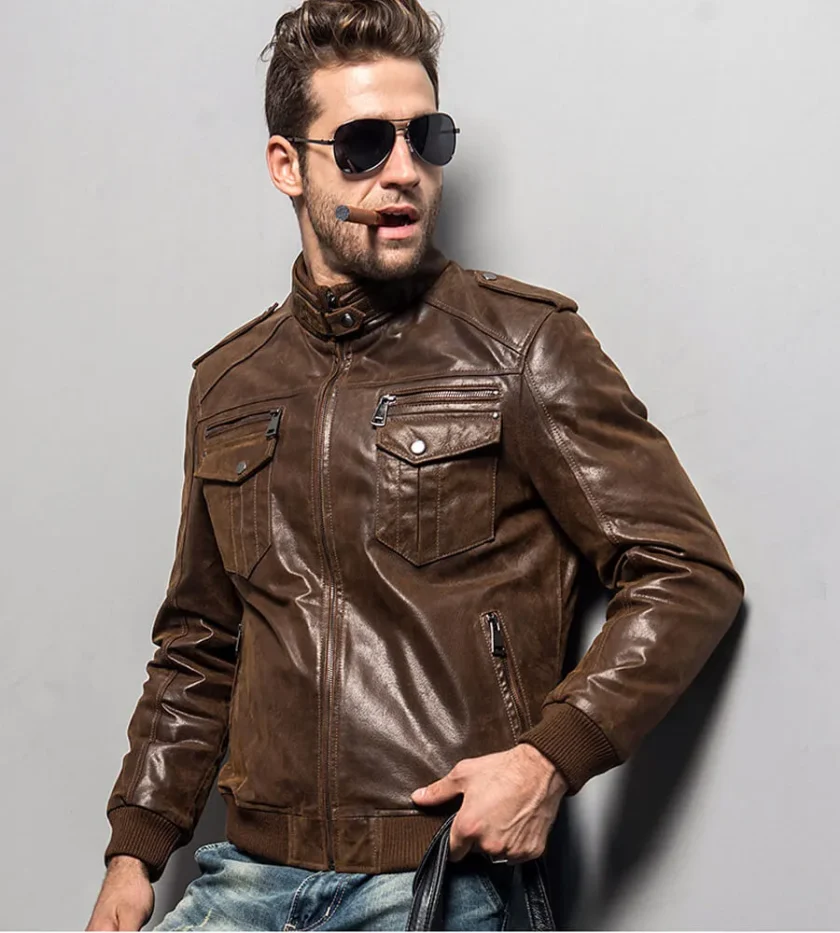 Men's Brown Bomber Leather Jacket with Rib Collar