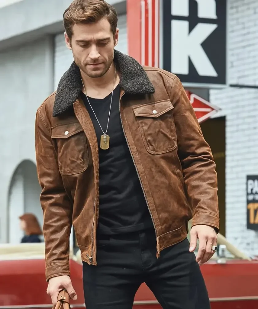 Men's Brown Faux Shearling Sheepskin Leather Jacket