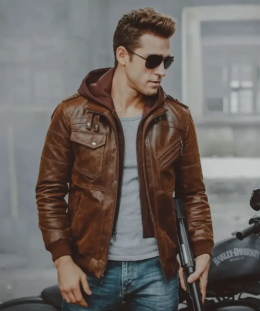 Men's Brown Leather Moto Jacket with Removable Hooded