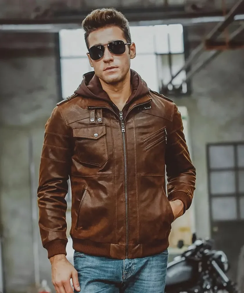 Men's Brown Leather Moto Jacket with Removable Hooded