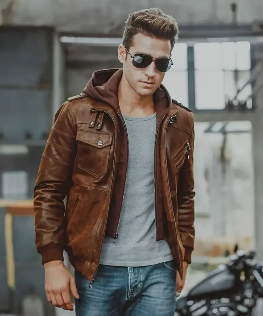 Men's Brown Leather Moto Jacket with Removable Hooded