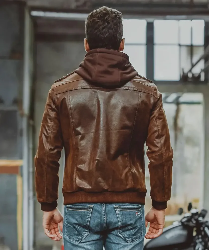 Men's Brown Leather Moto Jacket with Removable Hooded