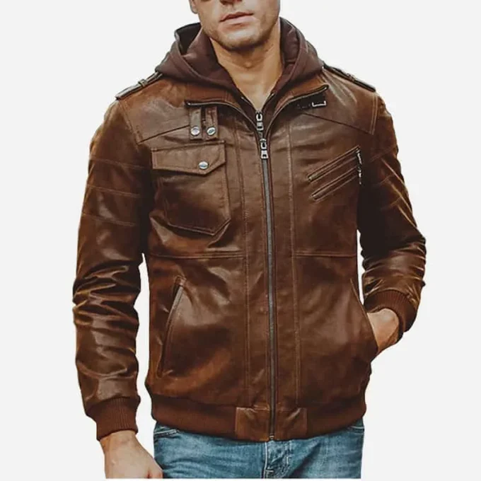 Men's Brown Motorcycle Bomber Leather Jacket with Removable Hood