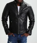 Mens Charcoal Black Leather Cafe Racer Jacket