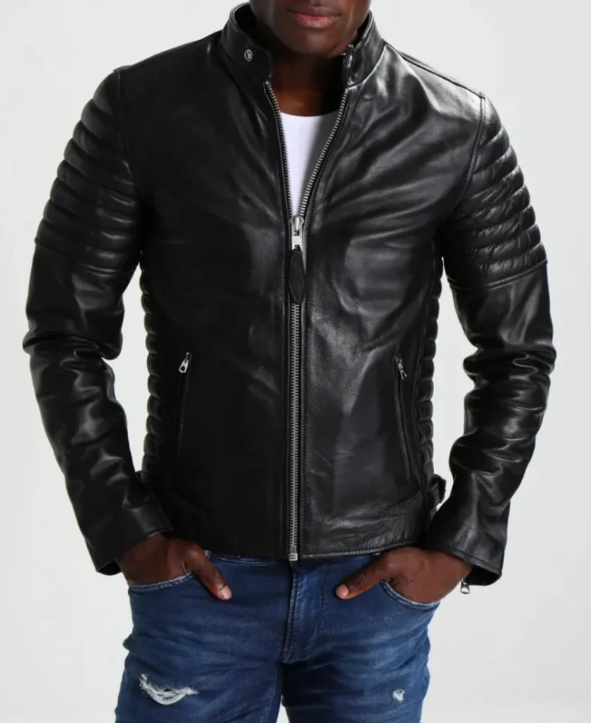 Mens Charcoal Black Leather Cafe Racer Jacket