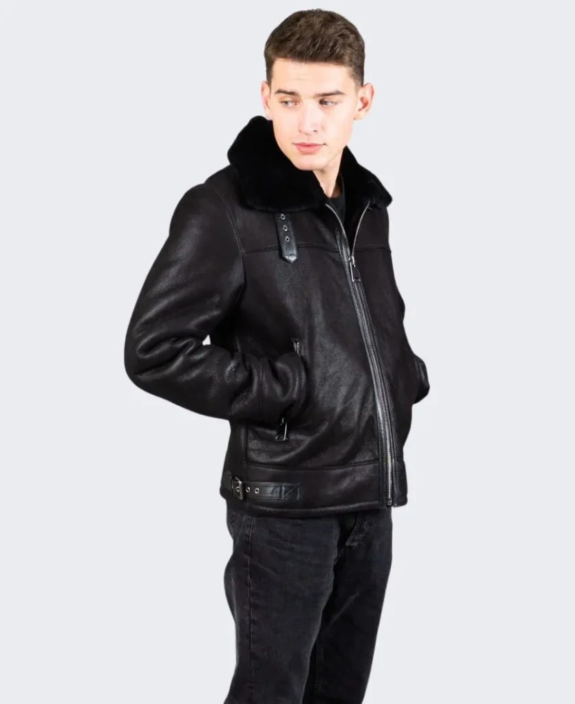 Men LUXURIOUS Jet Black Sheepskin Shearling Leather Jacket