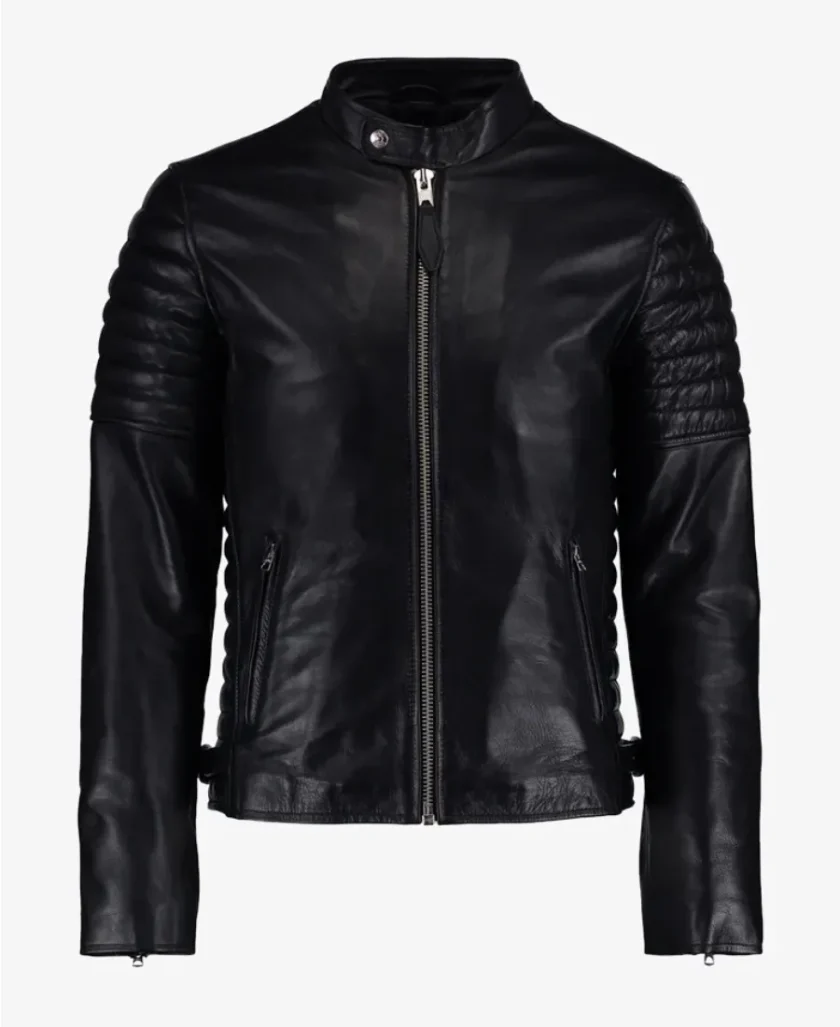 Mens Charcoal Black Leather Cafe Racer Jacket