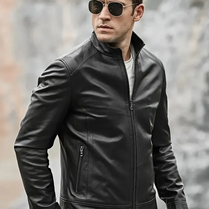 Mens Classic Black Real Leather Moto Jacket