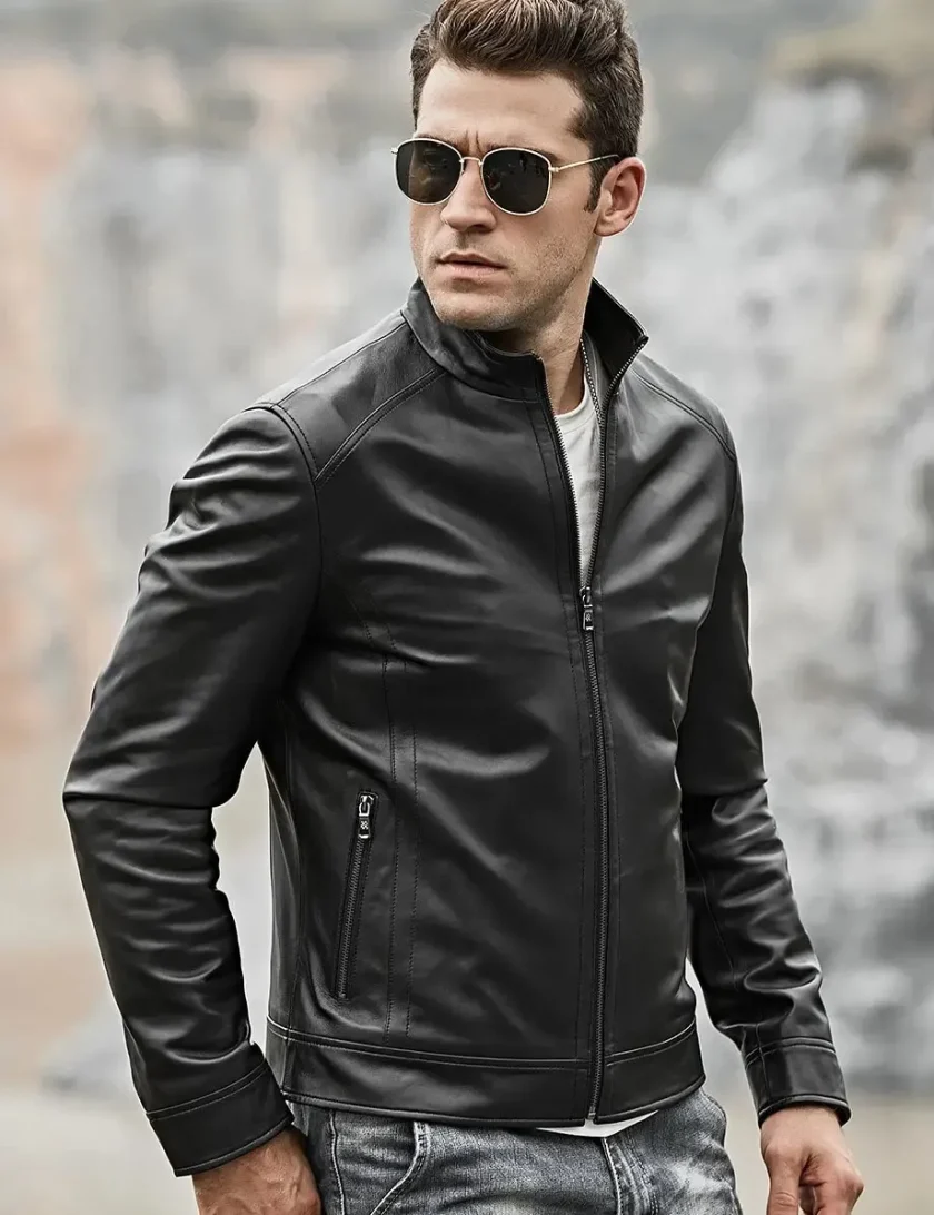 Mens Classic Black Real Leather Moto Jacket