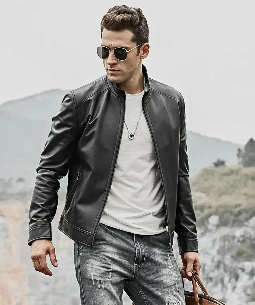 Mens Classic Black Real Leather Moto Jacket