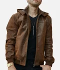 Men's Motorcycle Bomber Leather Jacket With A Hood