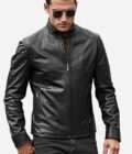 mens real black leather jacket with short standing collar