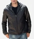 Men’s Real Black Leather Jacket with Short Standing Collar