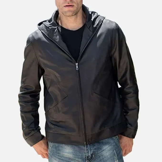 Men’s Real Black Leather Jacket with Short Standing Collar