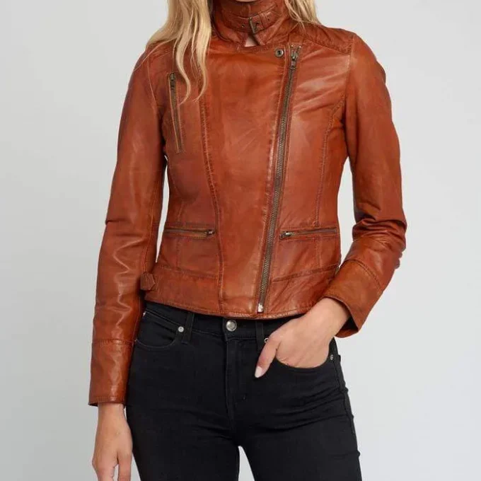 Monica Ladies Tanned Asymmetrical Moto Leather Jacket