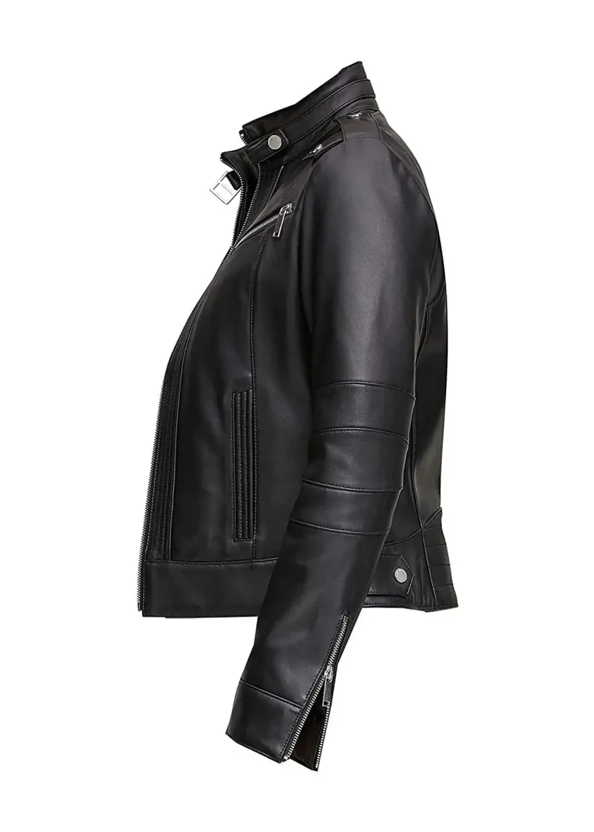 Moto Black Stand Collar Biker Leather Jacket