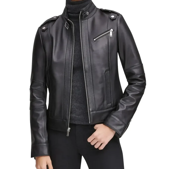 Moto Black Stand Collar Biker Leather Jacket